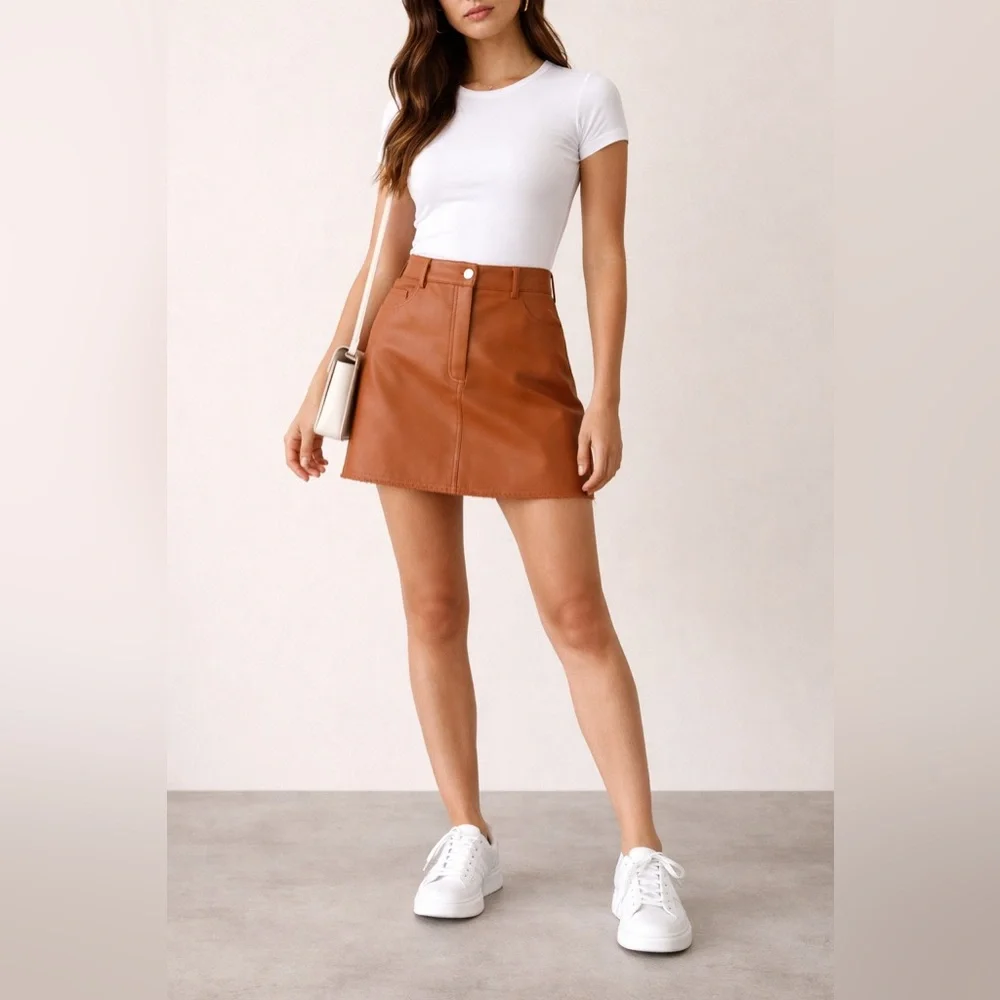 Chocolate Brown Vegan Leather Mini Skirt High Waisted Size L